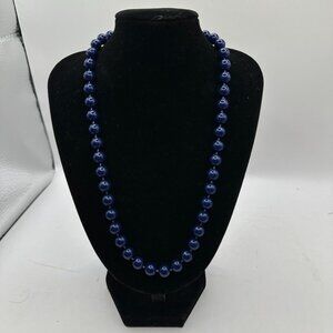 Vintage Faux Navy Blue Pearl Bead Necklace With Brass Clasp